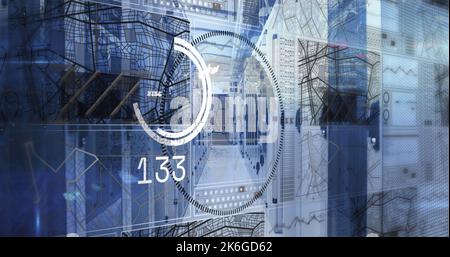 Image of mathematical equations and data processing over spinning globe against server room Stock Photo