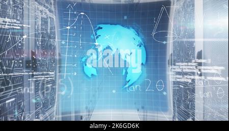 Image of mathematical equations and data processing over 6g text against server room Stock Photo
