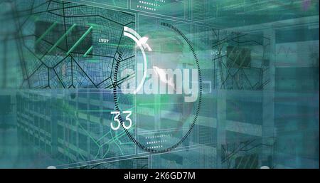 Image of digital interface and data processing on blue background Stock Photo