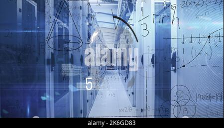 Image of mathematical equations and data processing over spinning globe against server room Stock Photo