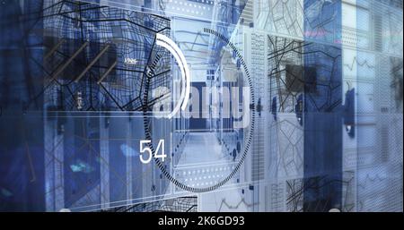 Image of mathematical equations and data processing over spinning globe against server room Stock Photo