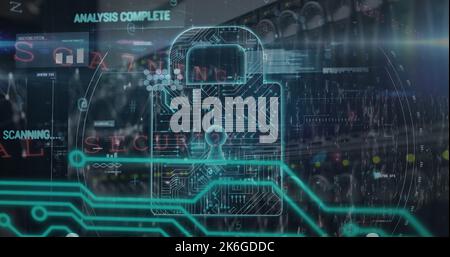 Composite of multiple words with programming language and padlock over network server room Stock Photo