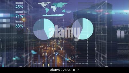Composition of data processing over cityscape Stock Photo