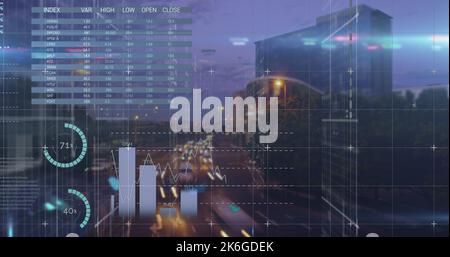 Composition of data processing over cityscape Stock Photo