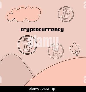 bitcoin world, tree hills coins, pink background Stock Vector