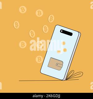 wallet in the phone. bitcoins are flying into it Stock Vector