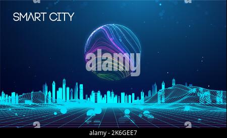 Wireframe landscape with Smart city. Technology background blue in low poly style. Data security 3d vector background. Global social network Stock Vector