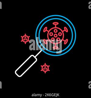 Coronavirus under magnifying glass vector flat icon on black background. Novel coronavirus. Graph symbol for medical web site and apps design, logo, a Stock Vector