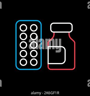 Medicine jar and pills strip vector flat icon on black background. Medical sign. Coronavirus. Graph symbol for medical web site and apps design, logo, Stock Vector
