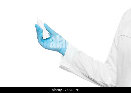 Woman in a lab coat and blue medical gloves holding white tube sample of an eye cream, ointment. Copy space, place for label or advertisement. Stock Photo