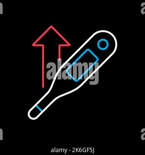 Increased temperature with thermometer vector flat icon on black background. Medical sign. Coronavirus. Graph symbol for medical web site and apps des Stock Vector