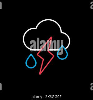 Cloud with fall rain and lightning isolated vector icon on black background. Meteorology sign. Graph symbol for travel, tourism and weather web site a Stock Vector