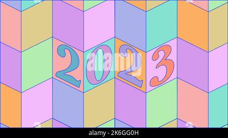 2023 New Year line isometric art. Holiday greeting card headline decoration. Date numbers concept design. One flat outline drawing vector illustration Stock Vector