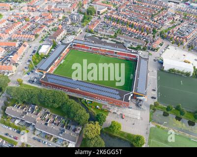 Volendam, 25th of September 2022, The Netherlands. FC Volendam Dutch Eredivisie football club stadium called Kras Stadium exterior view. Aerial drone Stock Photo