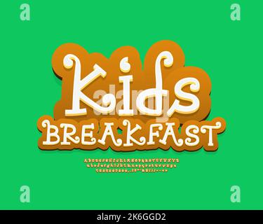 Funny food label Kids Breakfast with 3d cartoon curly font on green background. Font set with uppercase and lowercase letters, numbers. Vector Stock Vector