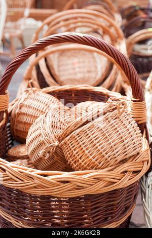 handmade wicker baskets at the market Stock Photo