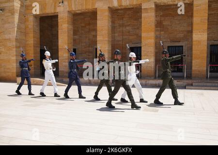 ANKARA, TURKIYE - JULY 14, 2022: Soldiers march for changing of the guard ceremony in Anitkabir where is the mausoleum of Ataturk, the founder and fir Stock Photo