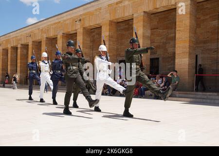 ANKARA, TURKIYE - JULY 14, 2022: Soldiers march for changing of the guard ceremony in Anitkabir where is the mausoleum of Ataturk, the founder and fir Stock Photo