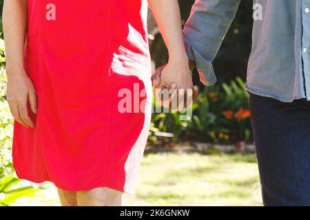 Happy senior diverse couple holding hands in garden Stock Photo