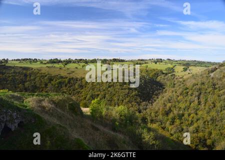 The wooded hillsides and limestone pinnacles  along the Manifold valley trail, echo back some 300 million years when this landscape formed . Stock Photo