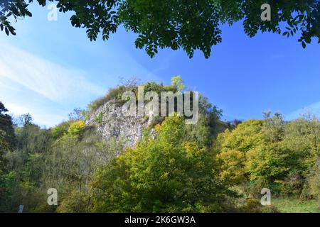 The wooded hillsides and limestone pinnacles  along the Manifold valley trail, echo back some 300 million years when this landscape formed . Stock Photo