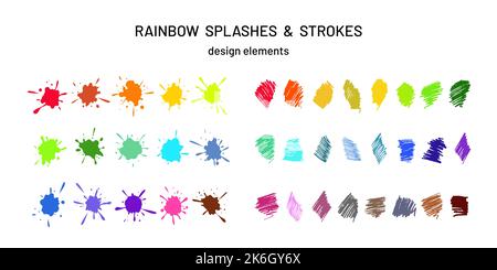 Collection of rainbow colored blobs with droplets and background marks made with felt tip pens. Messy liquid paint stain and sketchy hatch templates. Stock Vector
