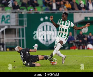 Fortune Bassey of Ferencvarosi TC battles for the ball in the air News  Photo - Getty Images