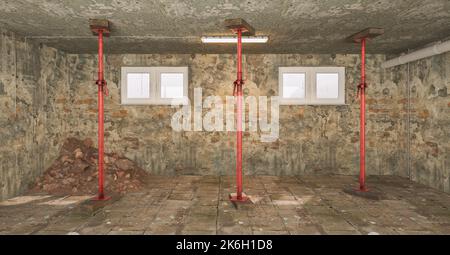 Ceiling supports after flooting with water damage and mold in the basement of a house Stock Photo