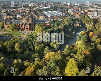 Aerial view of Kelvingrove Art Gallery and Museum with Kelvingrove Park and the River Kelvin foreground on a sunny autumn day. Stock Photo