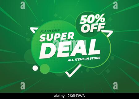 Super Deal 50% Off. Shopping day Poster or banner. Online sale banner template design for social media and website. Green Theme Website Landing Page. Stock Vector