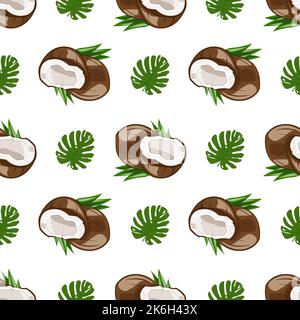 Seamless pattern with coconut and palm leaves. Print of ripe tropical jungle fruit with white juicy pulp. Vector flat illustration Stock Vector