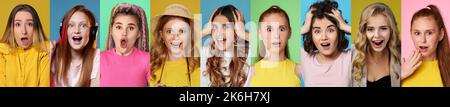collage of young women and men shocked, surprised face expressions on multicolored studio background Stock Photo