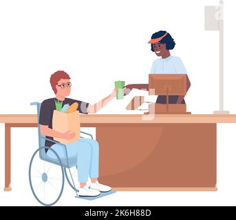 Disabled person at supermarket semi flat color vector characters Stock Vector
