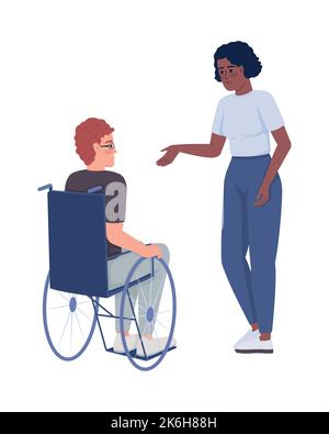Lady offers help to disabled man semi flat color vector characters Stock Vector