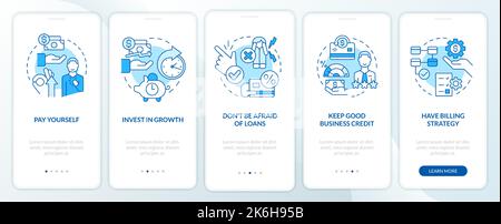 Managing small business finances blue onboarding mobile app screen Stock Vector