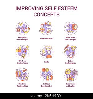 Improving self esteem concept icons set Stock Vector