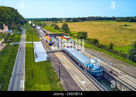 Montech (south western France): aerial view of the Montech water slope, a canal inclined plane built on the Canal de Garonne. The site of the Montech Stock Photo