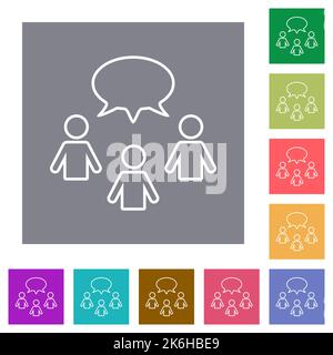 Three talking persons with oval bubble outline flat icons on simple color square backgrounds Stock Vector