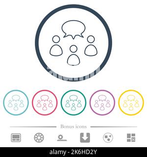 Three talking persons with oval bubble outline flat color icons in round outlines. 6 bonus icons included. Stock Vector