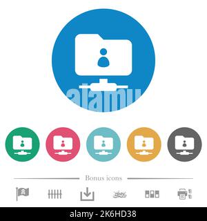 FTP directory owner flat white icons on round color backgrounds. 6 bonus icons included. Stock Vector