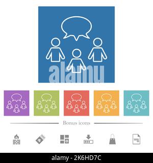 Three talking persons with oval bubble outline flat white icons in square backgrounds. 6 bonus icons included. Stock Vector