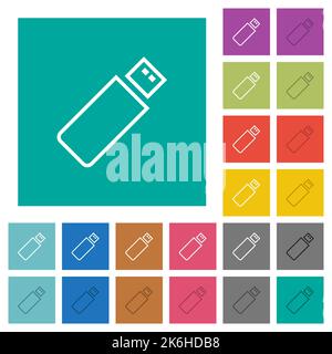 Pendrive outline multi colored flat icons on plain square backgrounds. Included white and darker icon variations for hover or active effects. Stock Vector