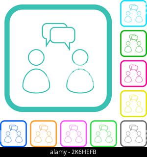 Two talking persons with rounded square bubbles outline vivid colored flat icons in curved borders on white background Stock Vector