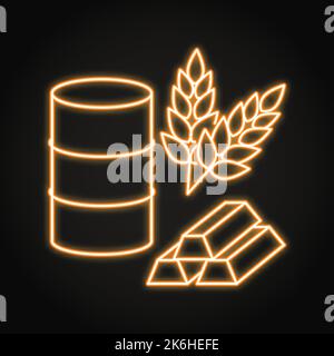 Commodity market neon icon in line style. Crude oil, wheat and gold symbols. Vector illustration. Stock Vector