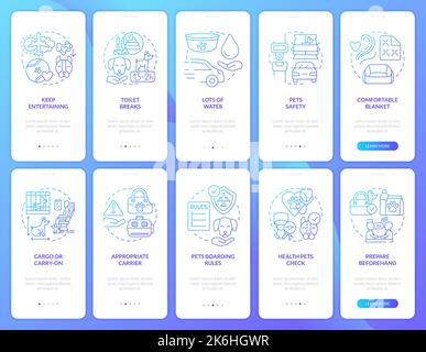 Traveling with pets onboarding blue gradient mobile app screen set Stock Vector