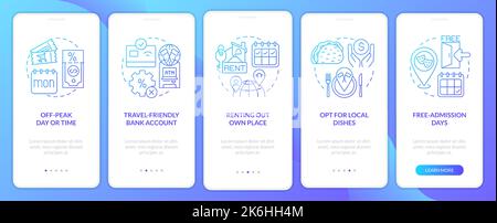 Saving travel money tips onboarding blue gradient mobile app screen Stock Vector