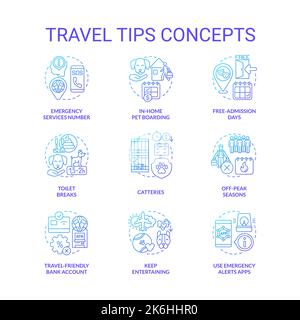 Travel tips blue gradient concept icons set Stock Vector