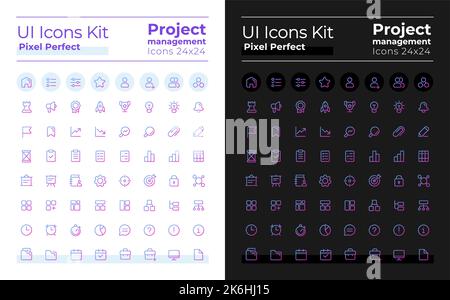 Project management pixel perfect gradient ui icons kit for dark, light mode Stock Vector
