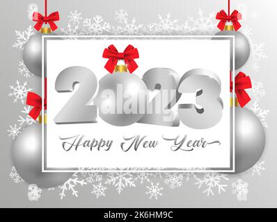 2023 holiday background with silver Christmas ball and snowflake. Creative concept of 20 23 Happy New Year 3d number for poster design. Vector card Stock Vector