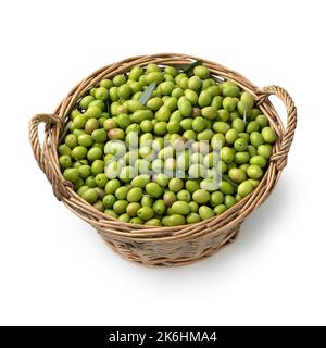 Fresh raw green olives in a basket isolated on white background Stock Photo